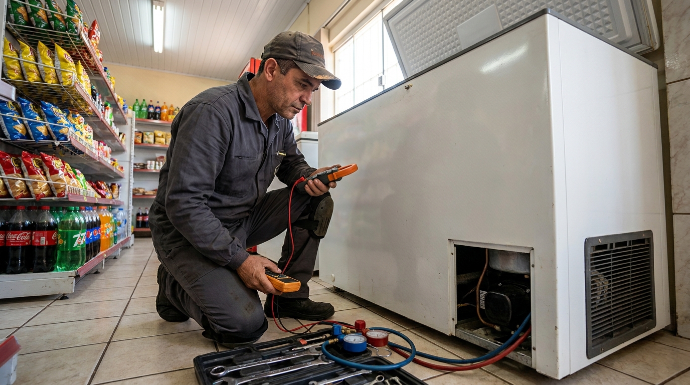 Reparo da placa eletrônica de um freezer em atendimento em Itajaí‑SC