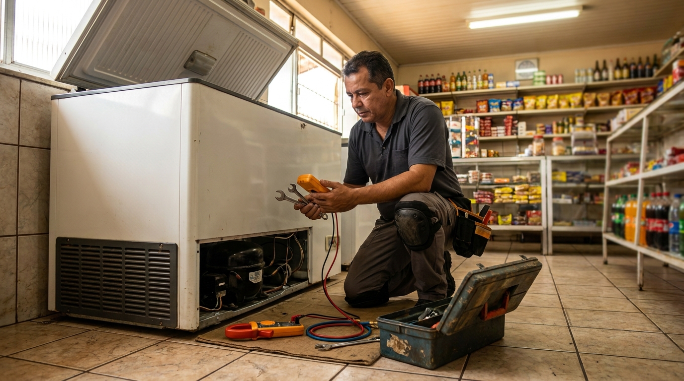 Técnico reparando o motor de um freezer horizontal em Itajaí‑SC