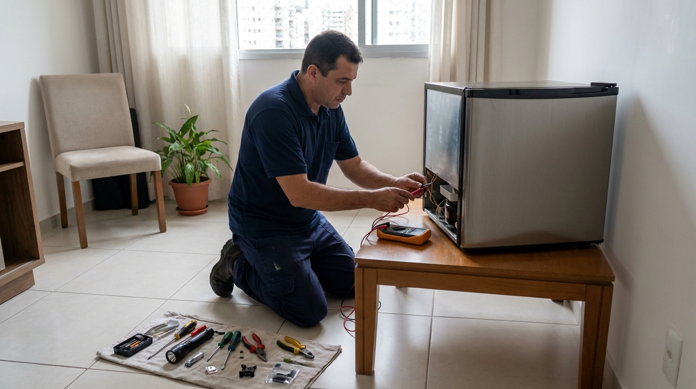 Técnico revisando o motor de um frigobar em Itajaí‑SC