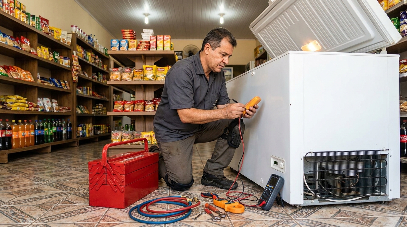Manômetro conectado ao circuito durante recarga de gás de freezer em Itajaí‑SC